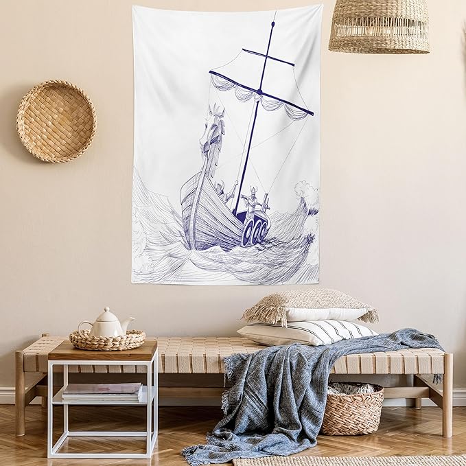 Lunarable Viking Tapestry, Drakkar Long Boat with Dragon on Bow of Ship Monochrome Marine Pattern, Fabric Wall Hanging Decor for Bedroom Living Room Dorm, 23" X 28", White Purple