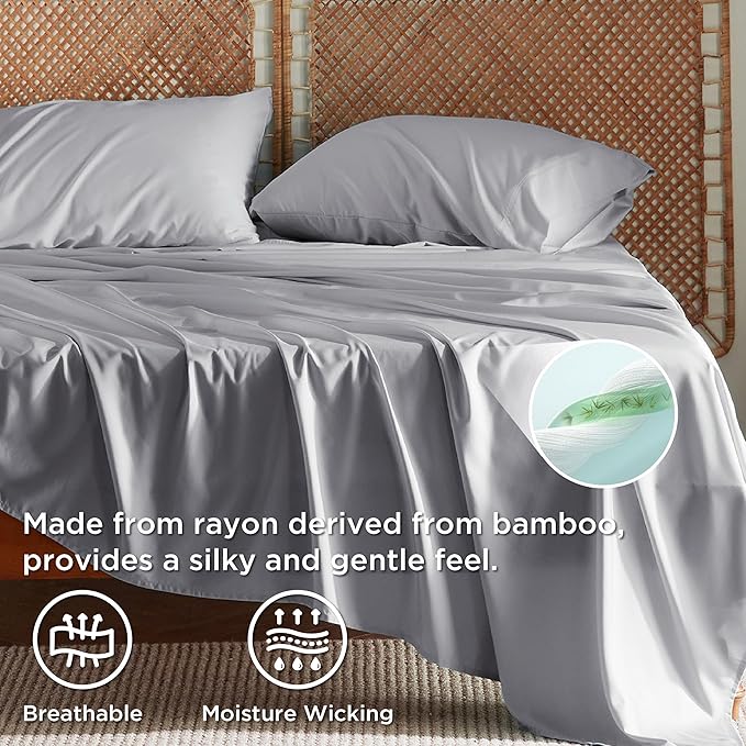 Bedsure King Size Sheet Set, Cooling Sheets King, Rayon Derived from Bamboo, Deep Pocket Up to 16", Breathable & Soft Bed Sheets, Hotel Luxury Silky Bedding Sheets & Pillowcases, Silver Grey