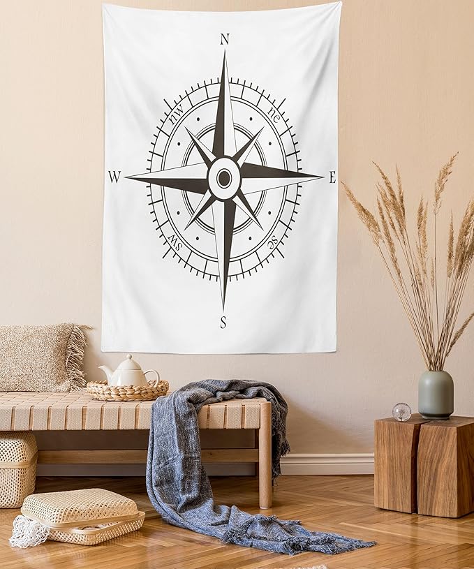 Ambesonne Compass Tapestry, Wind Rose Old Fashion Navigational Equipments Orienteering Illustration Print, Wall Hanging for Bedroom Living Room Dorm Decor, 40" X 60", Evergreen White
