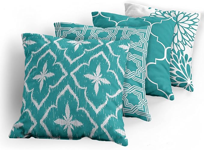 Ambesonne Vintage Throw Pillow Cushion Case Pack of 4, Monochrome Design Grid Trellis Quatrefoil Mesh and Dahlia Flowers Modern Print, Modern Accent Double-Sided Digital Printing, 24", Teal and White