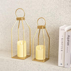 Perfnique Modern Farmhouse Lantern Decor, 15'' 12.6'' Set of 2 Gold Metal Lanterns, 2 LED 6hr Timer Flickering Flameless Candles, Lanterns Decorative for Outdoor, Porch, Fireplace, Patio