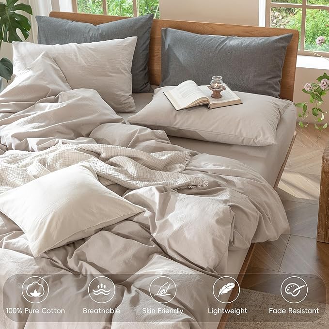 MooMee Bedding Duvet Cover Set 100% Washed Cotton Linen Like Textured Breathable Durable Soft Comfy (Solid Light Tan, Palatial King/Oversized King 120"x98")
