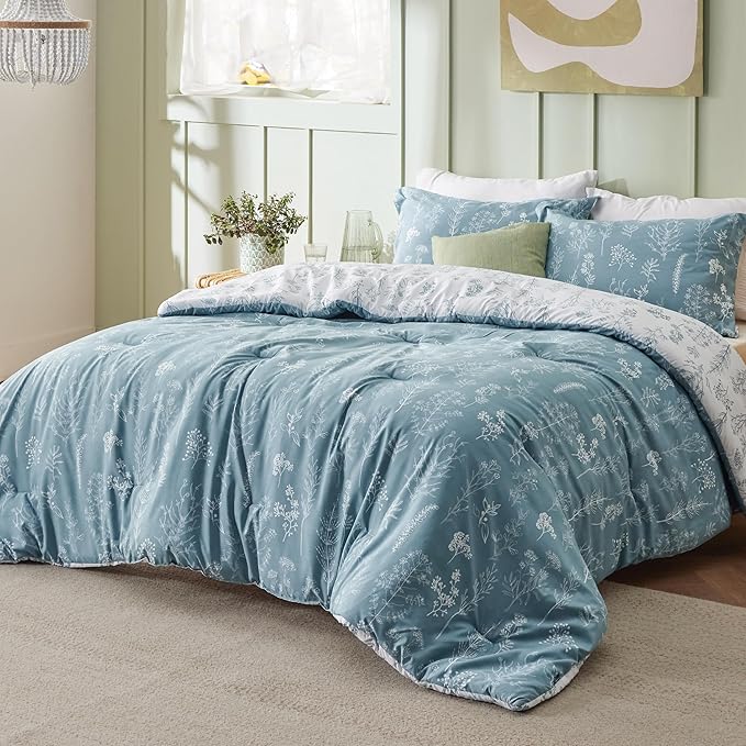 Bedsure Oversized Queen Comforter Set - Mineral Blue Bed Set, 3 Pieces Cute Floral Bedding, 1 Soft Reversible Botanical Flowers Comforter and 2 Pillow Shams