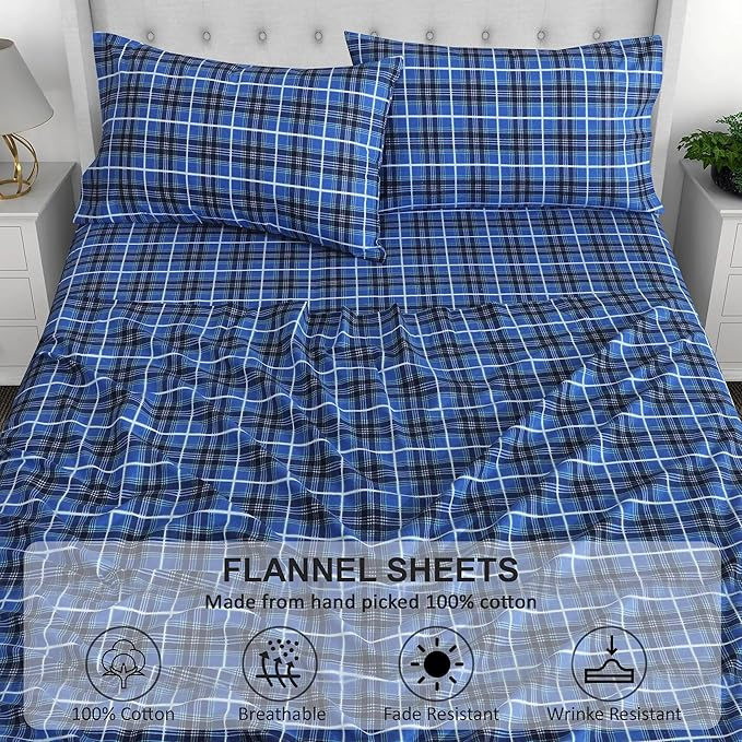 RUVANTI Flannel Sheets Queen Size - 100% Cotton Double Brushed Bed Sheets, Deep Pockets 16 Inches Queen Sheet Set, All Seasons Breathable & Extra Soft - Warm & Cozy, 4 Piece, Blue Plaid