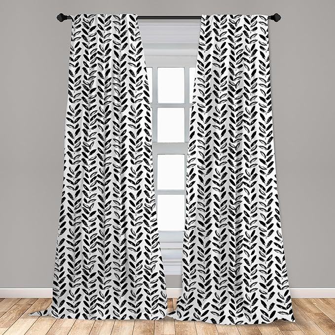 Ambesonne Black and White Window Curtains Pack of 2, Modern Grunge Botany Motif Monochrome Brush Paint Style Strokes, Lightweight Set with Rod Pocket, 4 Panels of - 28" x 84", White and Black