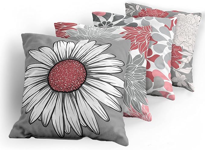 Ambesonne Floral Throw Pillow Cushion Case Pack of 4, Flower Petals Modern Color Palette Chamomile Peony Dahlia and Sunflower Print, Modern Accent Double-Sided Digital Printing, 18", Dark Coral Grey