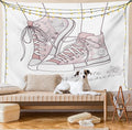 Lunarable Cartoon Tapestry King Size, Shoes with Floral Pattern Teenage Girls Sneakers Flowers Birds Retro Urban, Wall Hanging Bedspread Bed Cover Wall Decor, King Size, Rose White