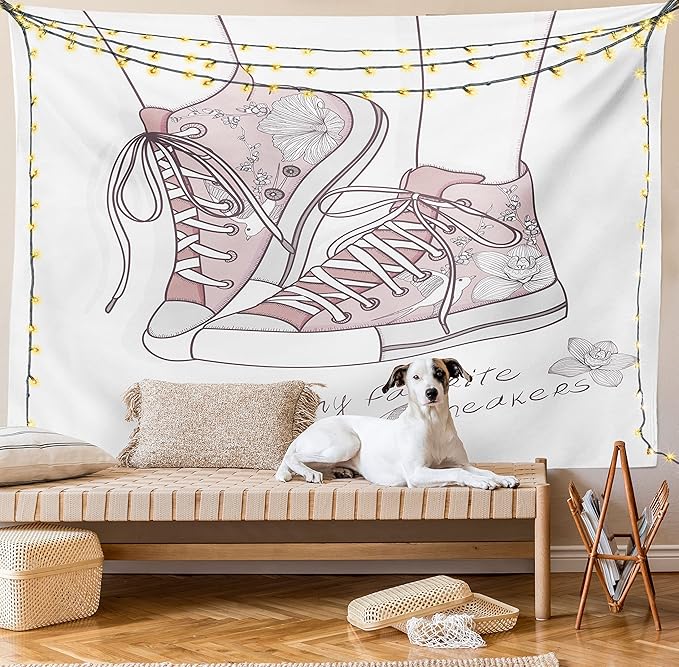 Lunarable Cartoon Tapestry King Size, Shoes with Floral Pattern Teenage Girls Sneakers Flowers Birds Retro Urban, Wall Hanging Bedspread Bed Cover Wall Decor, King Size, Rose White