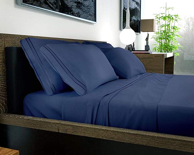 DREAMCARE California King Sheet Sets – 6 pcs Cooling Bed Sheets – up to 21” Deep Cal King Sheets – 2500 Supreme Collection – Extra Soft 100% Brushed Microfiber Hotel Luxury with Side Pocket – N Blue