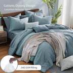Monbix Queen Comforter Set - 7 Pieces Dusty Blue Cationic Dyeing Bed in a Bag Queen Bedding Sets with Sheets, Pillowcases & Shams, Reversible Bedding Comforters