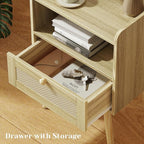SUPERJARE Nightstand with Charging Station & Rattan-Like Decor Drawer, Rattan End Table with Solid Wood Feet, Bed Side Table with Open Storage, for Bedroom, Living Room, Dormitory - Natural