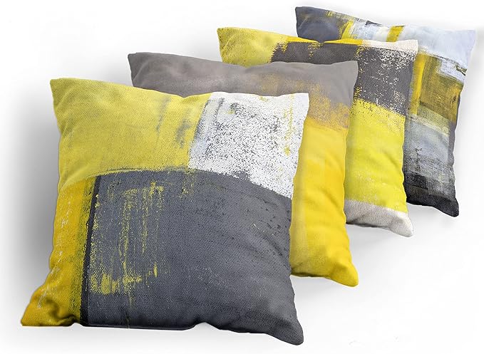 Ambesonne Modern Throw Pillow Cushion Case Pack of 4, Abstract Grunge Themed Geometric Squares with Paintbrush Stroke Effect Ornament, Modern Accent Double-Sided Digital Printing, 24", Yellow Grey