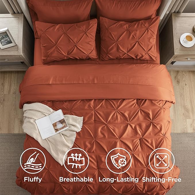 Bedsure King Size Comforter Set Burnt Orange - Bed in a Bag Bedding Set 7 Pieces, GentleSoft™ Pintuck Bed Set Gift for Family, Pinch Pleat Burnt Orange Comforter with Sheets, Pillowcases & Shams