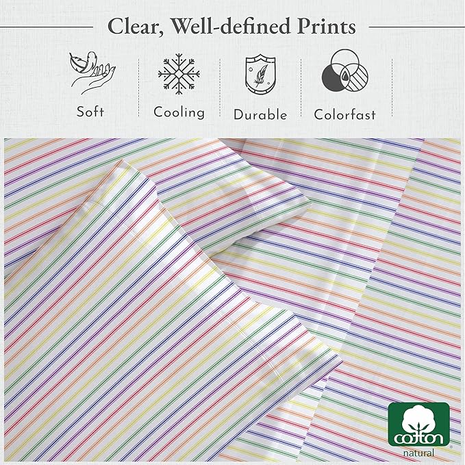 California Design Den Full Size Bed Sheets Set - 400 Thread Count Sateen, Natural 100% Cotton Sheets, Deep Pocket Cooling and Durable Bedding Set - Rainbow Striped