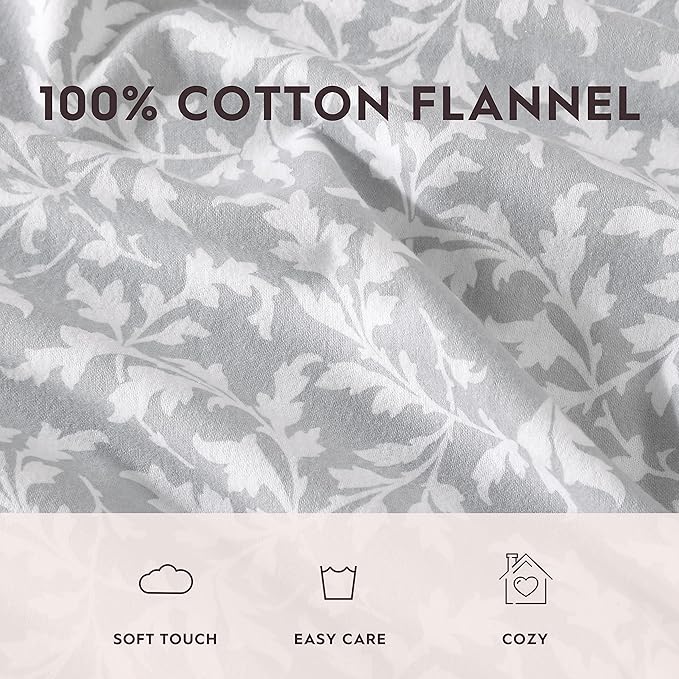 Laura Ashley - Flannel Sheets King Size, Anti-Pilling & Wrinkle Resistant Cotton, Touchably Soft for All-Season Comfort - Bed Sheets with Matching Pillowcases & Fitted Sheet (Crestwood Pastel Grey)