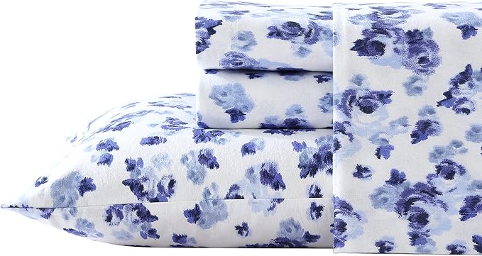 Laura Ashley - Flannel Sheets King Size, Anti-Pilling & Wrinkle Resistant Cotton, Touchably Soft for All-Season Comfort - Bed Sheets with Matching Pillowcases & Fitted Sheet (Emelisa Blue)