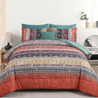 Boho King Size Comforter Set 8 Pieces, Orange and Green Bohemian Striped Bed in a Bag, Paisley Soft Microfiber Bedding Comforter Set