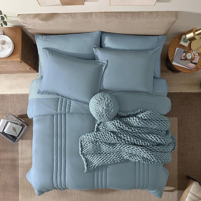 Monbix Full Comforter Set - 7 Pieces Dusty Blue Bed in a Bag Full Size Bedding Sets with Comforters, All Seasons Down Alternative Comforter with Sheets,Pillowcases & Shams