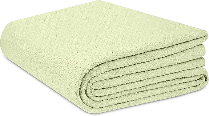 COTTON CRAFT Soft Cotton Thermal Blanket - Plush Herringbone Twill - All Season Luxurious Breathable Skin Friendly Lightweight Cooling Throw Blanket - Sofa Couch Travel Camping Dorm - King Sage