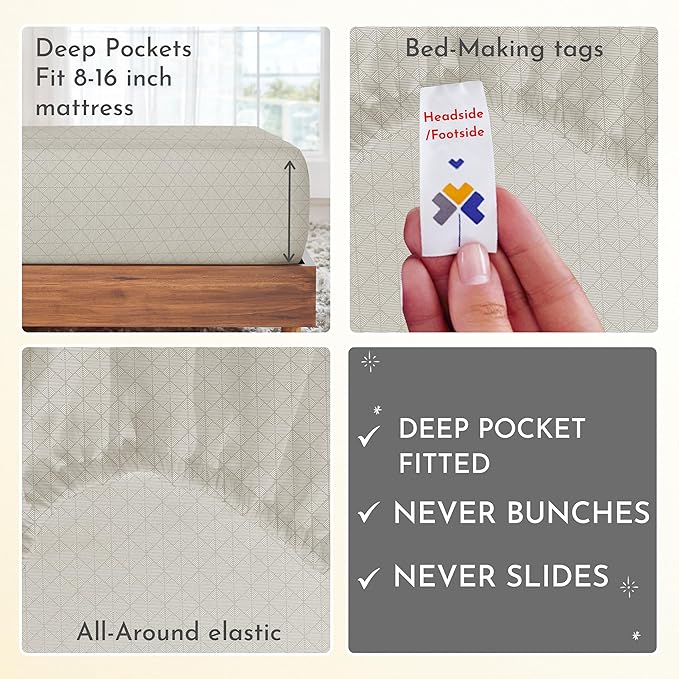 California Design Den Queen Sheet Set - 400 Thread Count Sateen, Natural 100% Cotton Sheet Set Queen Size, Deep Pocket Cooling and Durable Bedding - Taupish-Sage Crosshatch