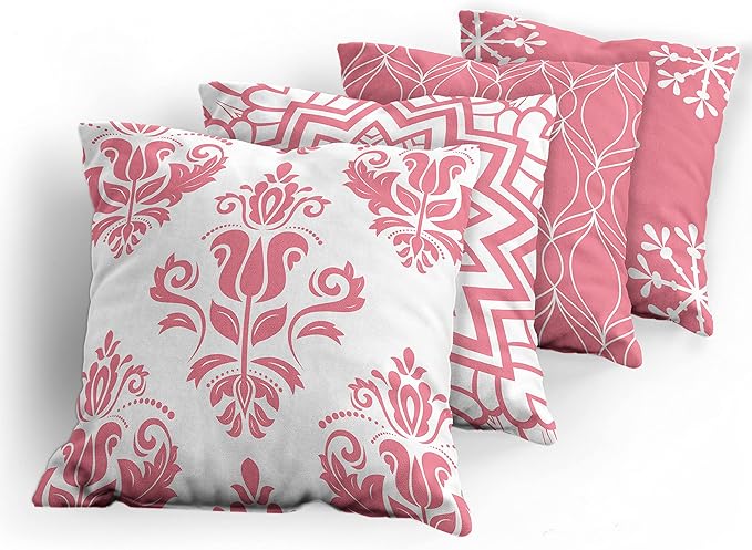 Ambesonne Retro Throw Pillow Cushion Case Pack of 4, Trellis Grid Medieval Floral Damask Mandala Flower Ornament in Modern Monochrome, Modern Accent Double-Sided Digital Printing, 18", Pastel Pink