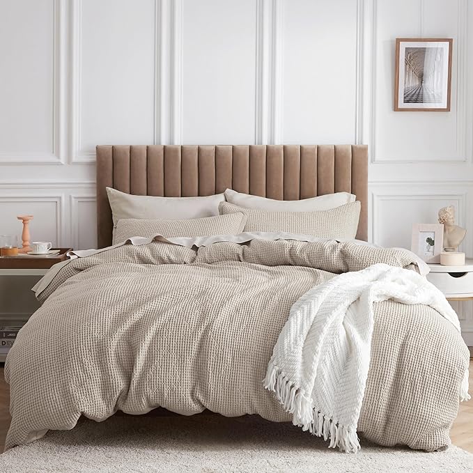 Bedsure 100% Cotton Duvet Cover Queen Size with Fitted Sheet - 4 Pieces Linen Color Waffle Weave Bedding Set, GentleSoft™ and Breathable, Includes 1 Duvet Cover 90x90, 1 Fitted Sheet, 2 Pillow Shams