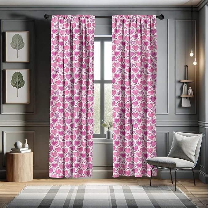 Ambesonne Valentines Window Curtains, Romantic Heart Shapes with Many Different Designs Polka Dots Crossed Lines, Lightweight Decorative Panels Set of 2 with Rod Pocket, 56" x 84", Pink White