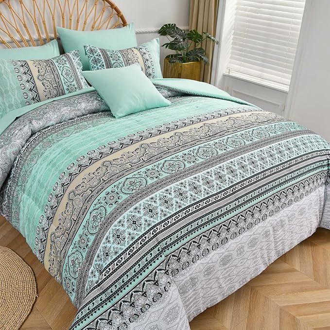 Cottolester Boho Comforter Set King Size,8 Piece Bed in a Bag Sage Green Paisley Comforter and Sheet Set,Striped Bedding Set Soft Microfiber Complete Bedding Set