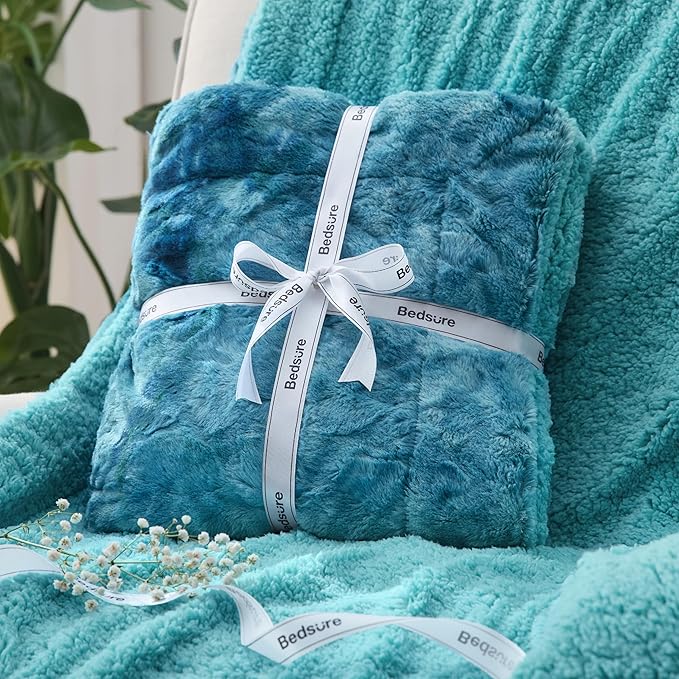 Bedsure GentleSoft Sherpa Fluffy Blanket Twin Size - Fleece Warm and Cozy Throw for Women Gift, Plush & Fuzzy Faux Fur Christmas Blanket for Couch, Sofa, Bed Decor, Tie Dye Design, Teal, 60x80 Inches