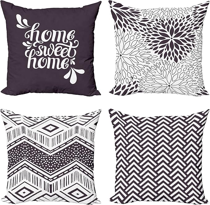 Ambesonne Geometric Throw Pillow Cushion Case Pack of 4, Home Phrase Minimal Zigzag Squama Dahlia Flower Petals Chevron Tribal, Modern Accent Double-Sided Digital Printing, 18", Dark Mauve and White