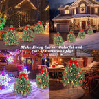 Lewondr Set of 2 Prelit Pathway Christmas Trees, 27.56" Outdoor Christmas Tree with 50 LED Lights, Pine Cones Red Berries, Battery Operated Outdoor Xmas Decor for Yard Home Porch, Green