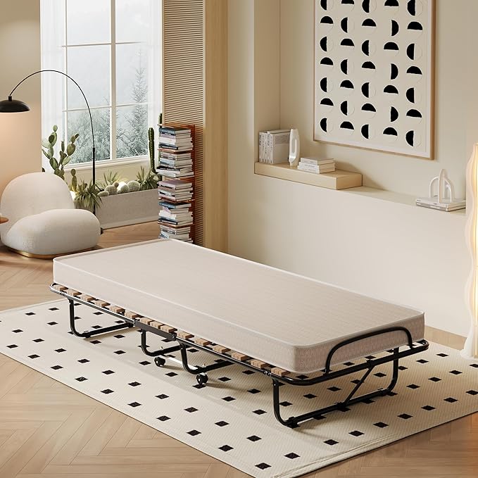 Giantex Folding Bed with Mattress, Rollaway Guest Bed w/ 4 Inch Memory Foam Mattress, Sturdy Metal Frame, Portable Bed Cot Size Easy to Store, Foldable Beds for Adults, Made in Italy