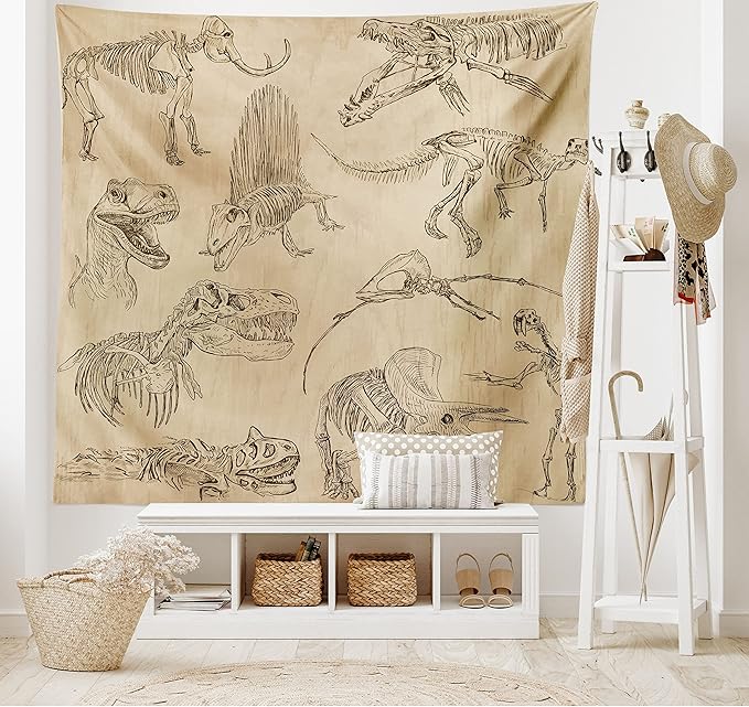 Lunarable Dinosaur Tapestry King Size, Hand Drawn Style Skeletons Bones from Medieval Times Archeology Theme, Wall Hanging Bedspread Bed Cover Wall Decor, King Size, Sand Brown Army Green