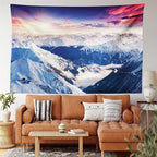 Ambesonne Europe Tapestry, Mountain Peak Snowy Winter Colorful Sky Sunbeams Adventure Austria, Wide Wall Hanging for Bedroom Living Room Dorm, 80" X 60", Coral Night