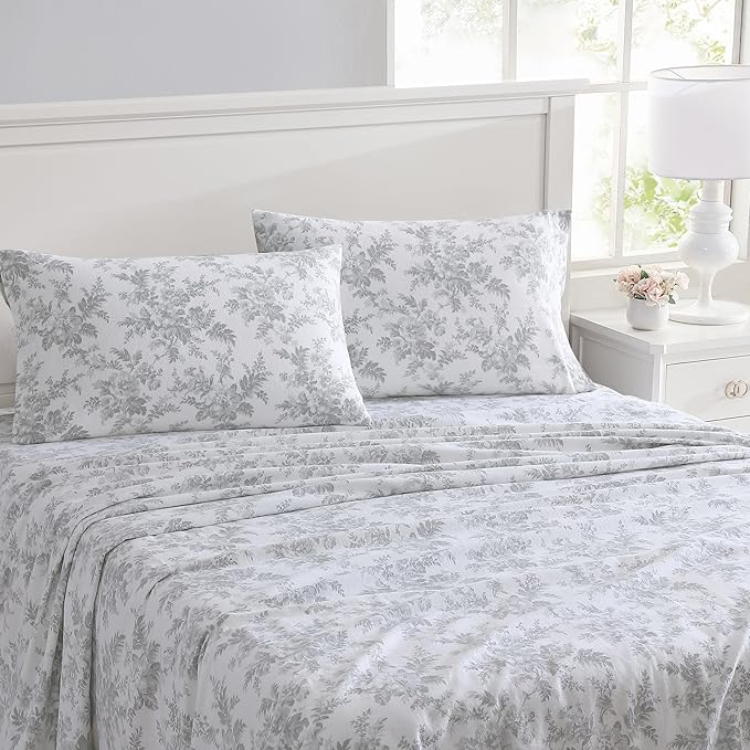 Laura Ashley - Flannel Sheets King Size, Anti-Pilling & Wrinkle Resistant Cotton, Touchably Soft for All-Season Comfort - Bed Sheets with Matching Pillowcases & Fitted Sheet (Vanessa Grey)