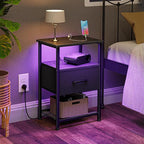 Nightstands Set of 2 with Charging Station and Drawer, End Table Bedside Table with 20 Colors LED Light Strip and 2 Layers Shelf for Bedroom Living Room Sofa Couch (Black)