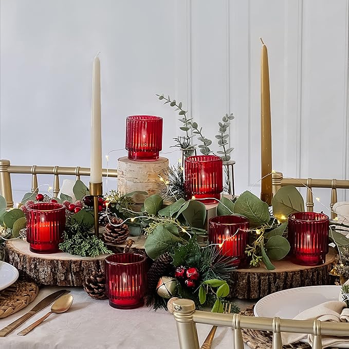 Kate Aspen Vintage Ribbed Red Glass Tealight & Votive Candle Holders (Set of 6), Fall Decor, Boho Decor, Shelf Decoration (27206RD)