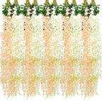 Giegxin 24 Pcs Artificial Wisteria Hanging Flowers 3.6 ft Artificial Fake Wisteria Vine Rattan Hanging Garland Silk Flowers String for Wall Home Wedding Party Greenery Decorations (Champagne,White)