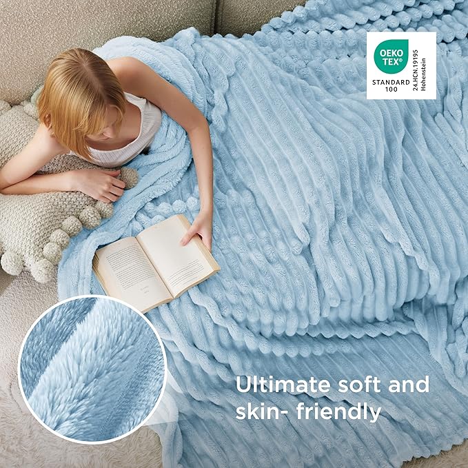 Bedsure GentleSoft Blue Fleece Blanket for Couch - Cozy Soft Blankets for Women, Cute Small Throws for Girls, Light Blue, 90x90 Inches