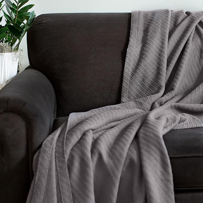 COTTON CRAFT Soft Cotton Thermal Blanket - Plush Herringbone Twill - All Season Luxurious Breathable Skin Friendly Lightweight Cooling Throw Blanket - Sofa Couch Travel Camping Dorm - King Grey