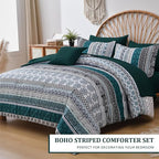 Cottolester Boho Comforter Set King Size,8 Pieces Emerald Green Bohemian Striped Bed in a Bag,Paisley Soft Microfiber Bedding Comforter Set