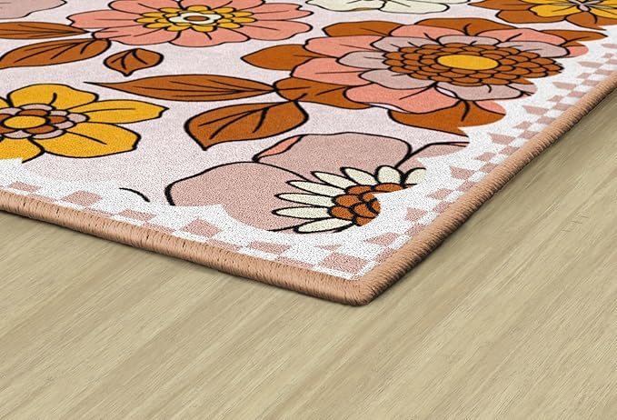 Flagship Carpets Schoolgirl Style Retro Floral Educational Area Rug for Kids Room Seating Décor, Children's Classroom, Play Carpet for Teaching and Playroom, 5' x 7'6", Pink