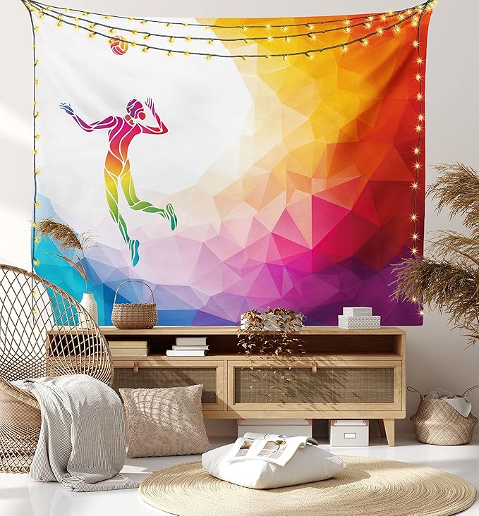Lunarable Volleyball Tapestry, Colorful Polygonal Background Triangles Jumping Woman Striking The Ball, Wide Wall Hanging for Bedroom Living Room Dorm, 80" X 60", Purple Blue