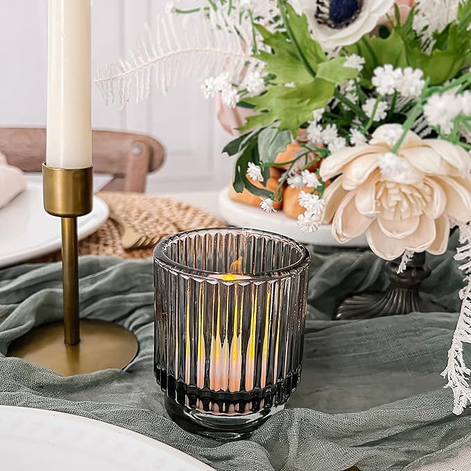 Kate Aspen Ribbed Glass Candle Holder Set - 6 Smoke Gray Tealight Holders for Home, Kitchen, Room or Living Room Decor - Vintage Tea Light Votive Accent for Table or Shelf Styling