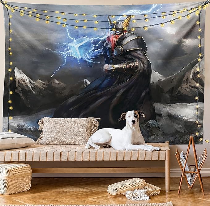 Lunarable Viking Tapestry, Thor Mjolnir and Thunder Flying Over Mountains Angry Warrior from Norse Myths, Wide Wall Hanging for Bedroom Living Room Dorm, 80" X 60", Grey Yellow
