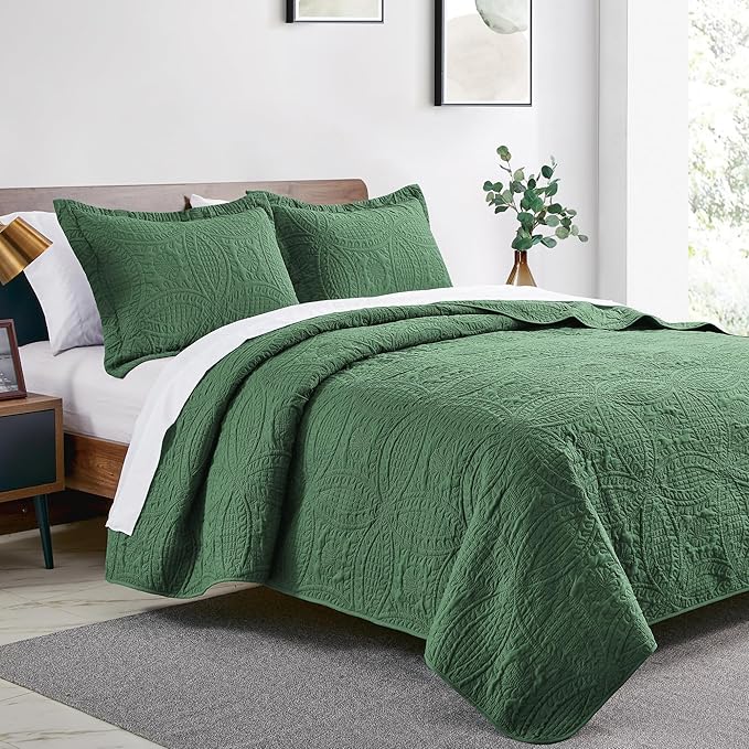 Love's cabin Twin Quilt Set Olive Green Bedspreads - Soft Bed Summer Lightweight Bedspread Comforter - Modern Style Coin Pattern Coverlet for All Season - 2 Pieces (1 Quilt, 1 Pillow Sham)