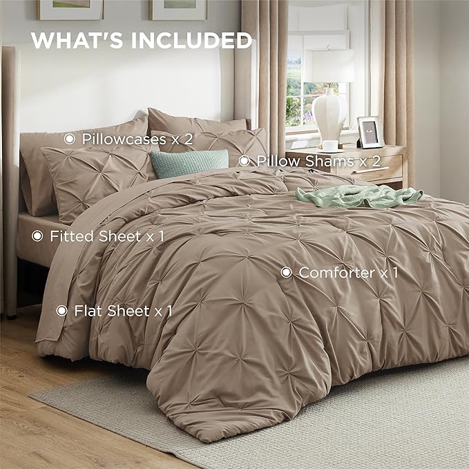 Bedsure Queen Comforter Set Khaki - Bed in a Bag Queen Size Bedding 7 Pieces, GentleSoft™ Pintuck Bed Set Gift for Family, Pinch Pleat All Season Comforter with Sheets, Pillowcases & Shams