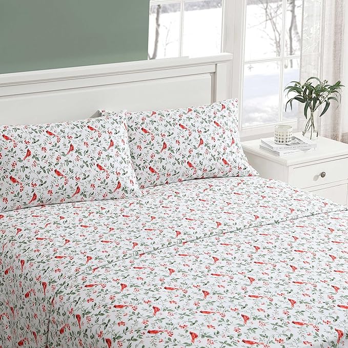 Laura Ashley - Flannel Sheets King Size, Anti-Pilling & Wrinkle Resistant Cotton, Touchably Soft for All-Season Comfort - Bed Sheets with Matching Pillowcases & Fitted Sheet (Jolly Cardinals Green)