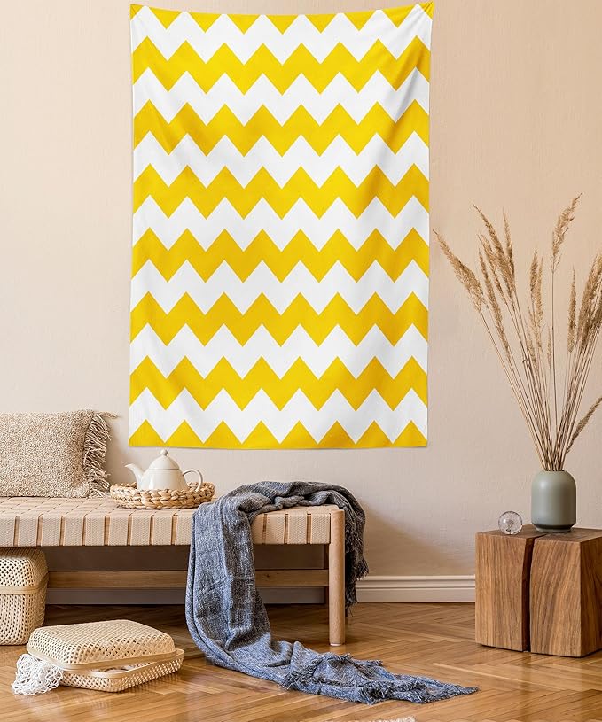 Lunarable Mustard Tapestry Twin Size, Zigzag Pattern Chevron Criss-Crossed Triangle Arrow Style Lines Geometric, Wall Hanging Bedspread Bed Cover Wall Decor, Twin Size, Yellow White