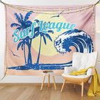 Lunarable Vintage Hawaii Tapestry, Surf League Lettering with Wave Tropical Trees and Birds Silhouettes Print, Fabric Wall Hanging Decor for Bedroom Living Room Dorm, 28" X 23", Pink Blue